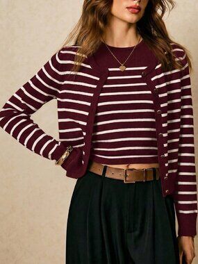 Maroon & White Striped Crop Cardigan